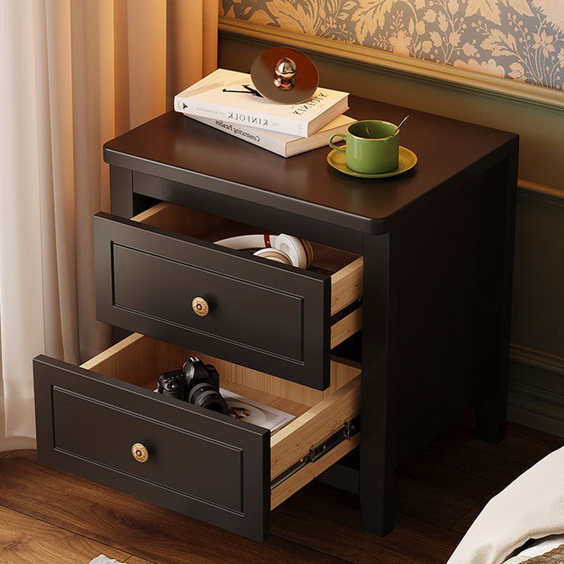 Table de chevet carrée traditionnelle vintage en bois massif d’hévéa et panneau multicouche avec 2 tiroirs pour chambre à coucher 