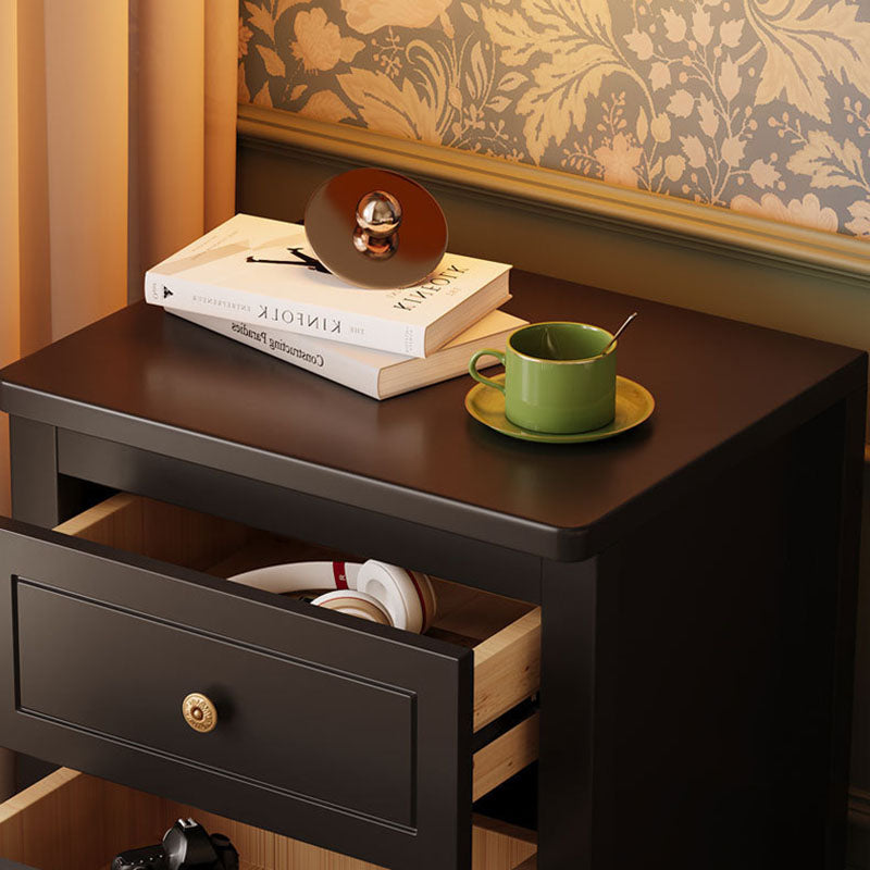 Table de chevet carrée traditionnelle vintage en bois massif d’hévéa et panneau multicouche avec 2 tiroirs pour chambre à coucher 