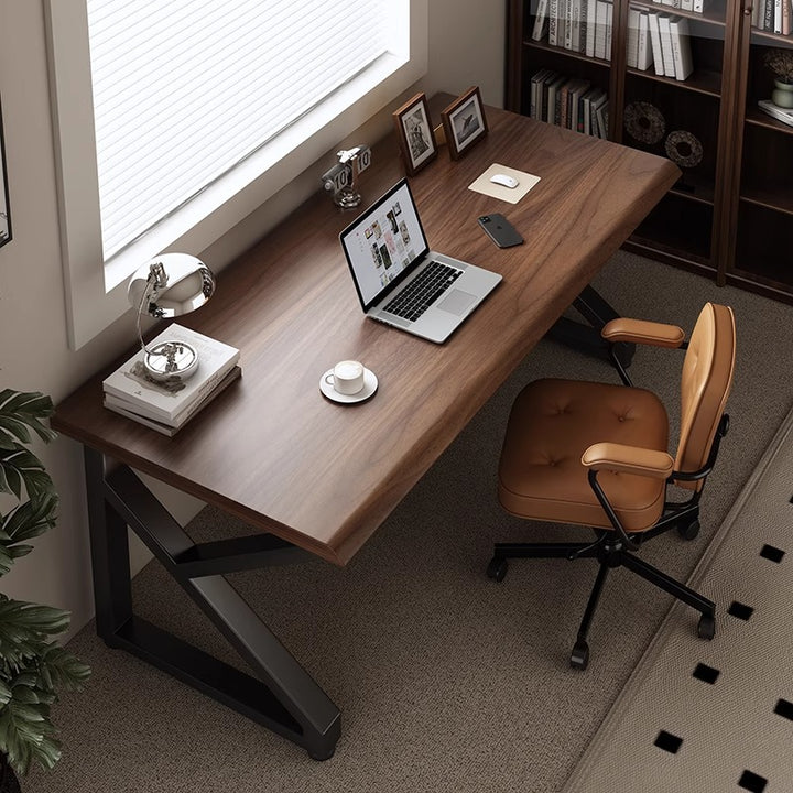 Bureau d'ordinateur rectangulaire trapézoïdal en forme de K à 1 niveau, en bois d'ingénierie, acier au carbone, style traditionnel chinois, pour bureau à domicile 