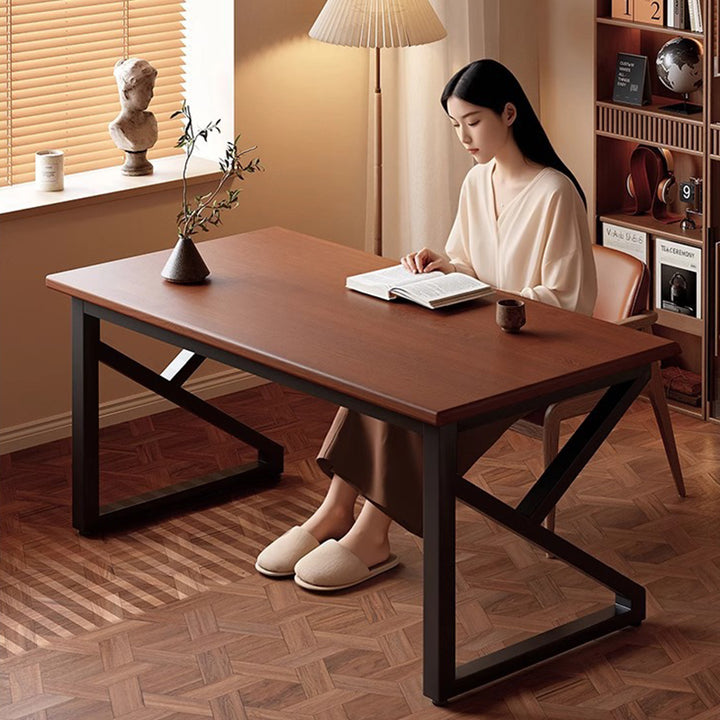 Bureau d'ordinateur rectangulaire trapézoïdal en forme de K à 1 niveau, en bois d'ingénierie, acier au carbone, style traditionnel chinois, pour bureau à domicile 