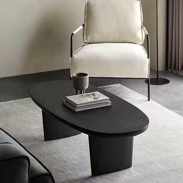 Moderner skandinavischer Couchtisch aus Kautschukholz in langer ovaler Form, 1 Ablage, für das Wohnzimmer 
