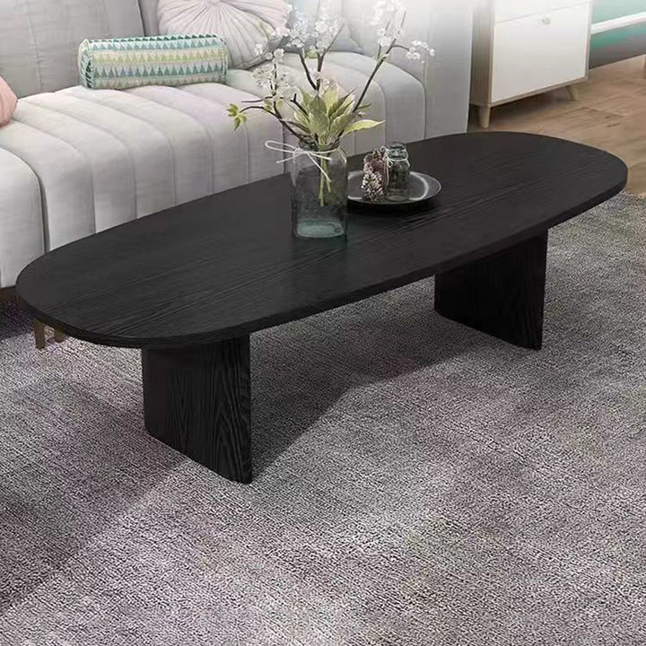 Moderner skandinavischer Couchtisch aus Kautschukholz in langer ovaler Form, 1 Ablage, für das Wohnzimmer 