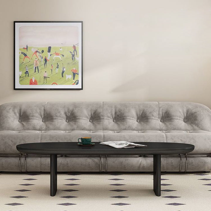 Moderner skandinavischer Couchtisch aus Kautschukholz in langer ovaler Form, 1 Ablage, für das Wohnzimmer 