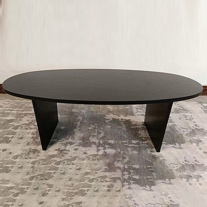 Moderner skandinavischer Couchtisch aus Kautschukholz in langer ovaler Form, 1 Ablage, für das Wohnzimmer 