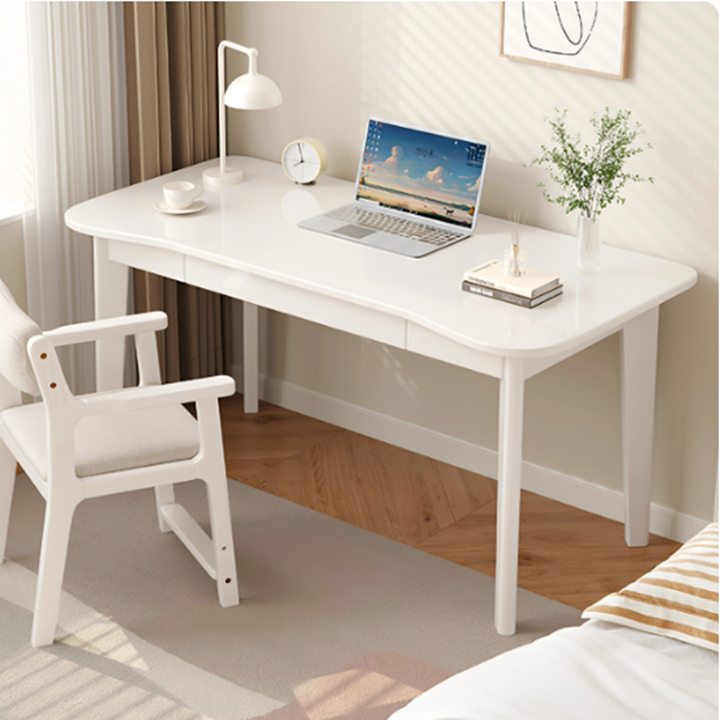 Bureau de chambre rectangulaire courbé en caoutchouc bois massif minimaliste moderne à panneaux multicouches avec 2 tiroirs 