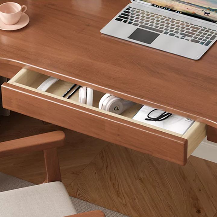 Bureau de chambre rectangulaire courbé en caoutchouc bois massif minimaliste moderne à panneaux multicouches avec 2 tiroirs 