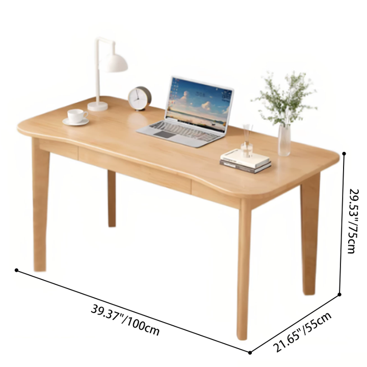 Bureau de chambre rectangulaire courbé en caoutchouc bois massif minimaliste moderne à panneaux multicouches avec 2 tiroirs 