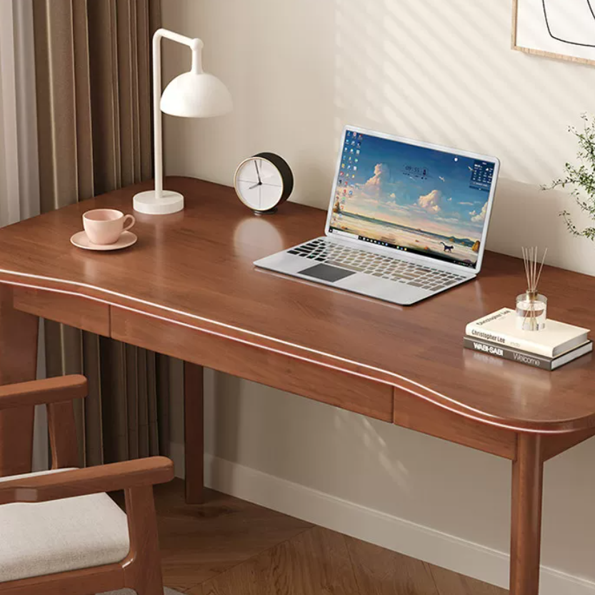 Bureau de chambre rectangulaire courbé en caoutchouc bois massif minimaliste moderne à panneaux multicouches avec 2 tiroirs 