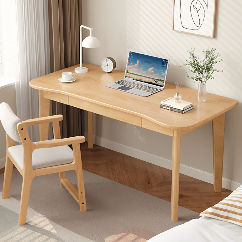 Bureau de chambre rectangulaire courbé en caoutchouc bois massif minimaliste moderne à panneaux multicouches avec 2 tiroirs 