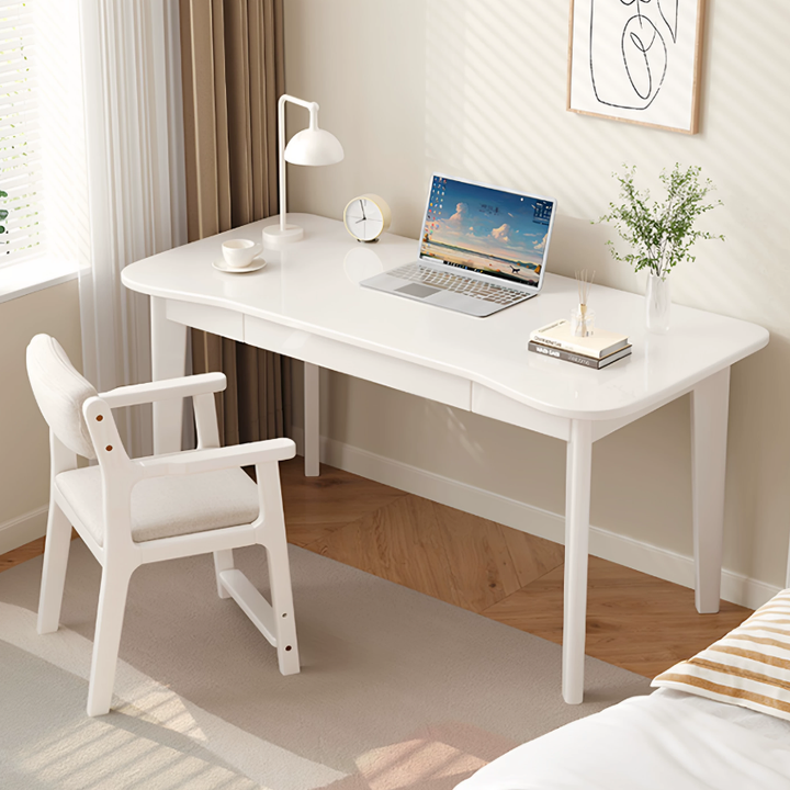 Bureau de chambre rectangulaire courbé en caoutchouc bois massif minimaliste moderne à panneaux multicouches avec 2 tiroirs 