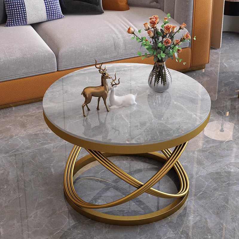 Contemporary Scandinavian Sintered Stone Metal Round Curved Lines Coffee Table 1 Tier For Living Room