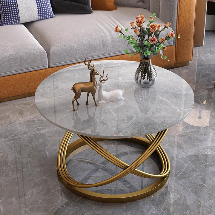 Contemporary Scandinavian Sintered Stone Metal Round Curved Lines Coffee Table 1 Tier For Living Room