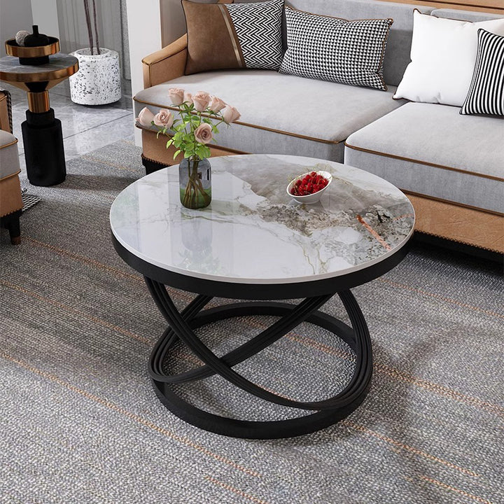 Table basse contemporaine scandinave en pierre frittée, métal, ronde, aux lignes courbes, à un niveau, pour salon 