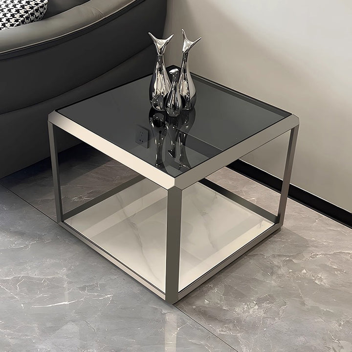 Contemporary Scandinavian Sintered Stone Glass Stainless Steel Square Coffee Table 2-Tier For Living Room