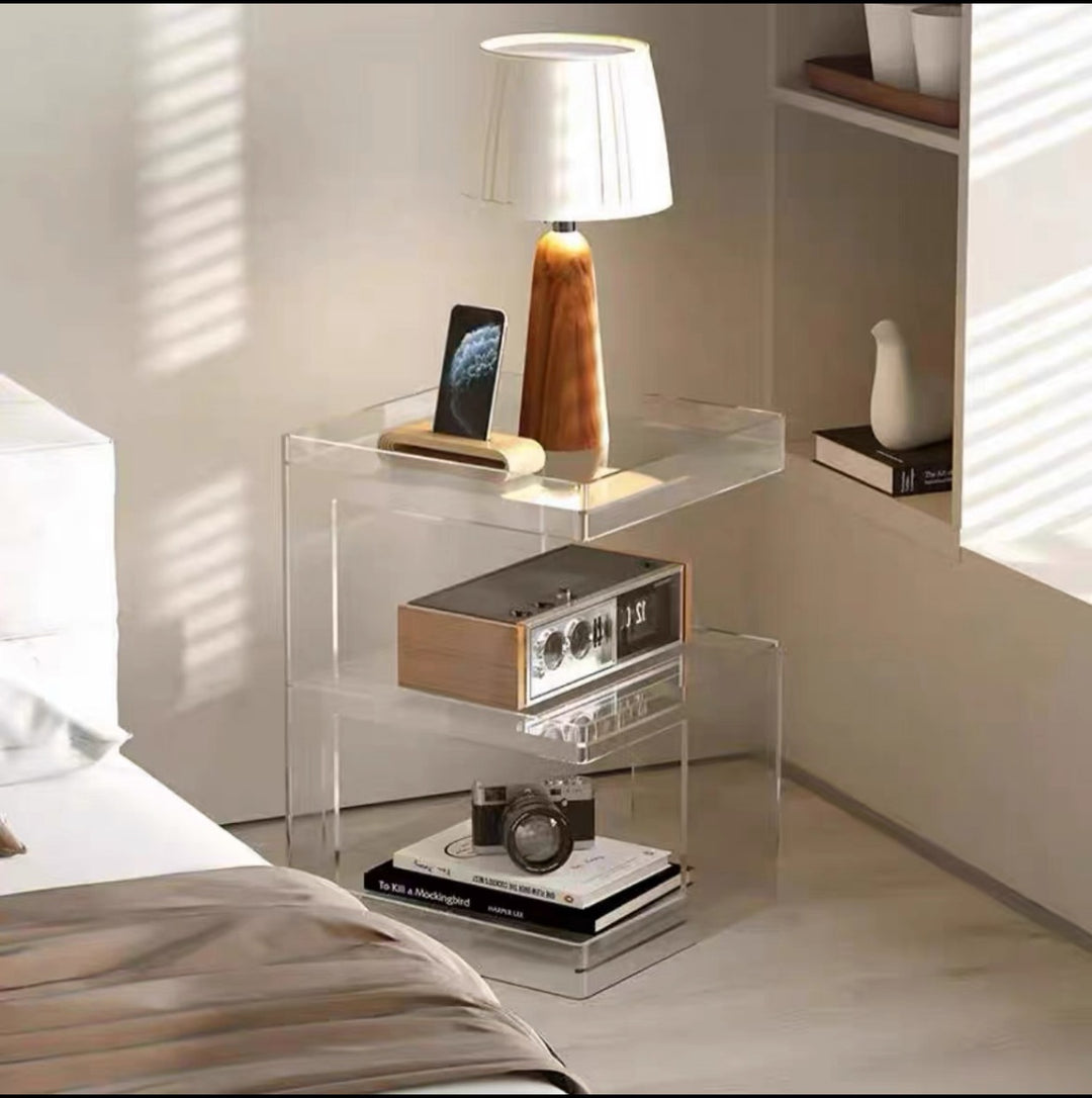 Contemporary Scandinavian Acrylic Square E-Shaped Side Table 3-Tier For Living Room
