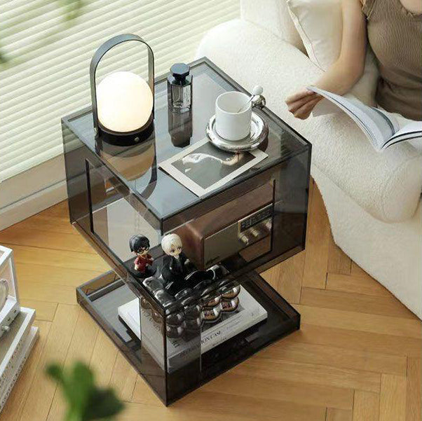 Contemporary Scandinavian Acrylic Square E-Shaped Side Table 3-Tier For Living Room