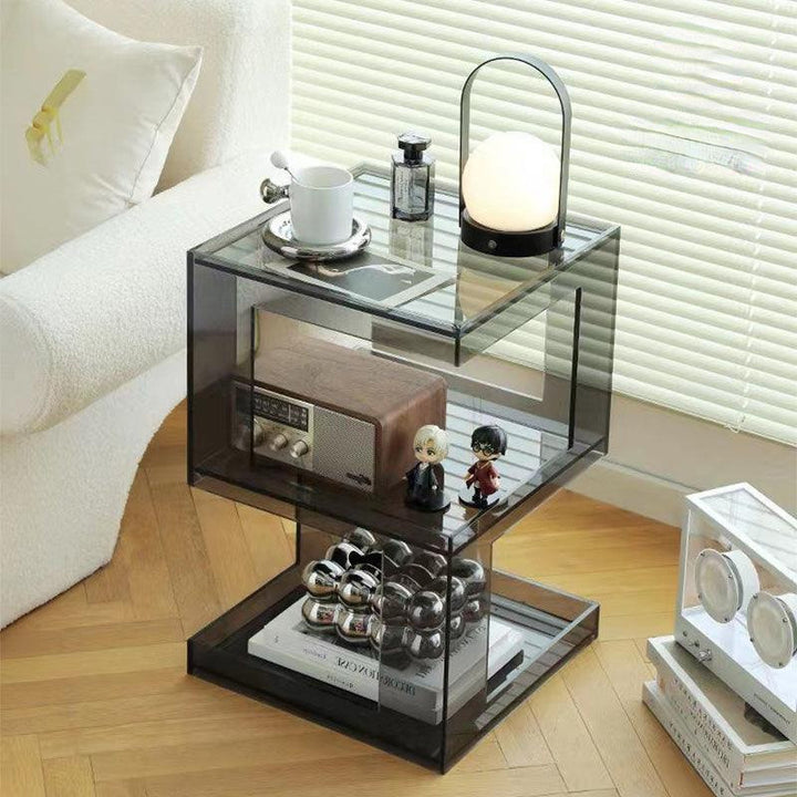 Contemporary Scandinavian Acrylic Square E-Shaped Side Table 3-Tier For Living Room