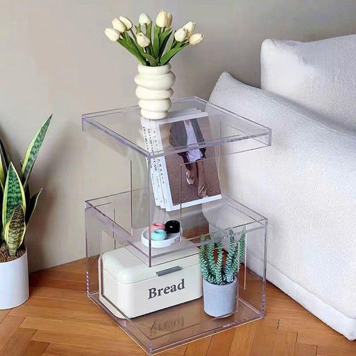 Contemporary Scandinavian Acrylic Square E-Shaped Side Table 3-Tier For Living Room