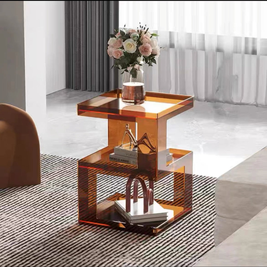 Contemporary Scandinavian Acrylic Square E-Shaped Side Table 3-Tier For Living Room