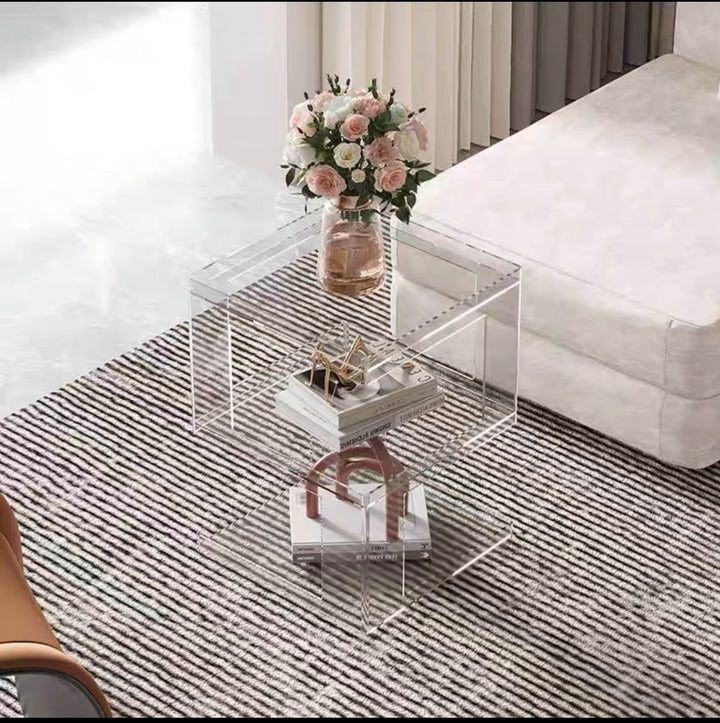 Contemporary Scandinavian Acrylic Square E-Shaped Side Table 3-Tier For Living Room