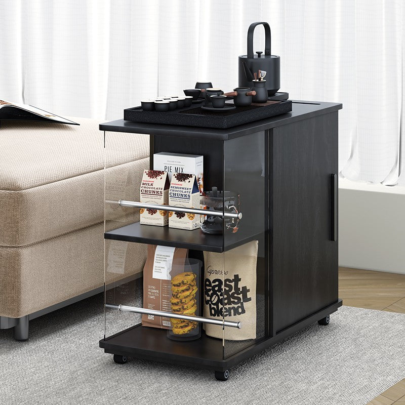 Mesa de café rectangular móvil de 3 niveles de madera maciza vintage tradicional con tablero de vidrio y acero inoxidable para sala de estar 