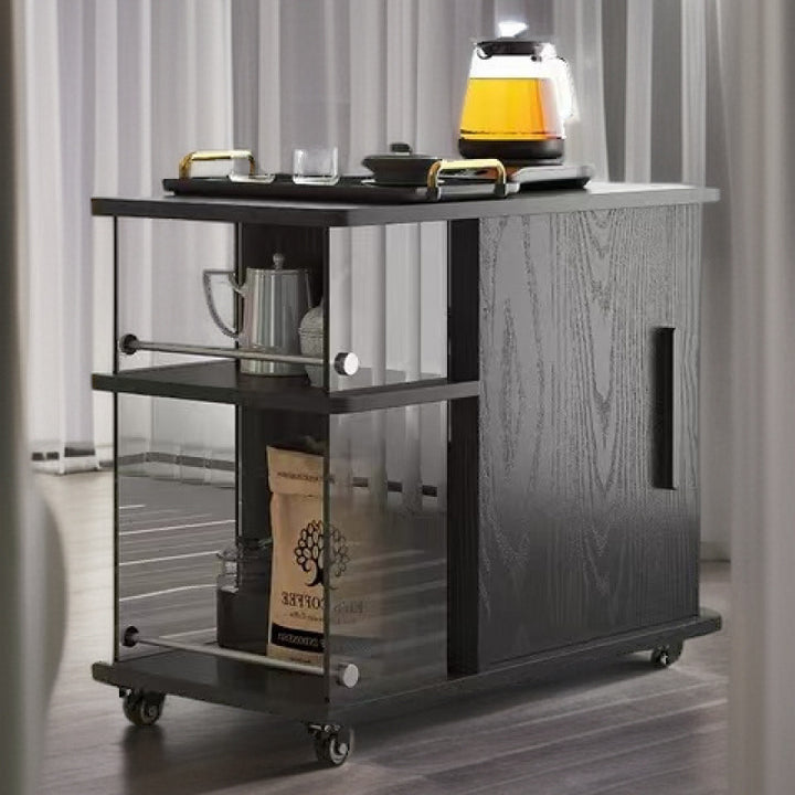 Mesa de café rectangular móvil de 3 niveles de madera maciza vintage tradicional con tablero de vidrio y acero inoxidable para sala de estar 