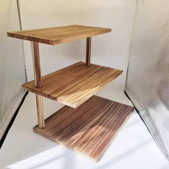 Traditional Chinese Pine Wood Rectangular Storage Shelf 3-Tier For Living Room
