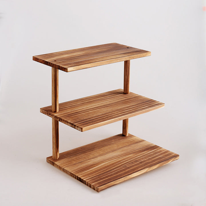 Traditional Chinese Pine Wood Rectangular Storage Shelf 3-Tier For Living Room