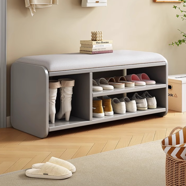 Modern Minimalist Wood Plywood Fabric Rounded Rectangular Shoe Bench 2-Tier For Living Room