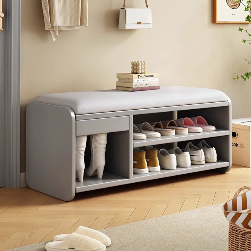 Modern Minimalist Wood Plywood Fabric Rounded Rectangular Shoe Bench 2-Tier For Living Room