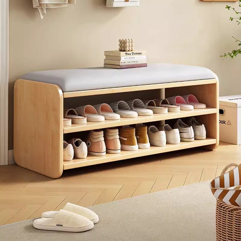 Modern Minimalist Wood Plywood Fabric Rounded Rectangular Shoe Bench 2-Tier For Living Room