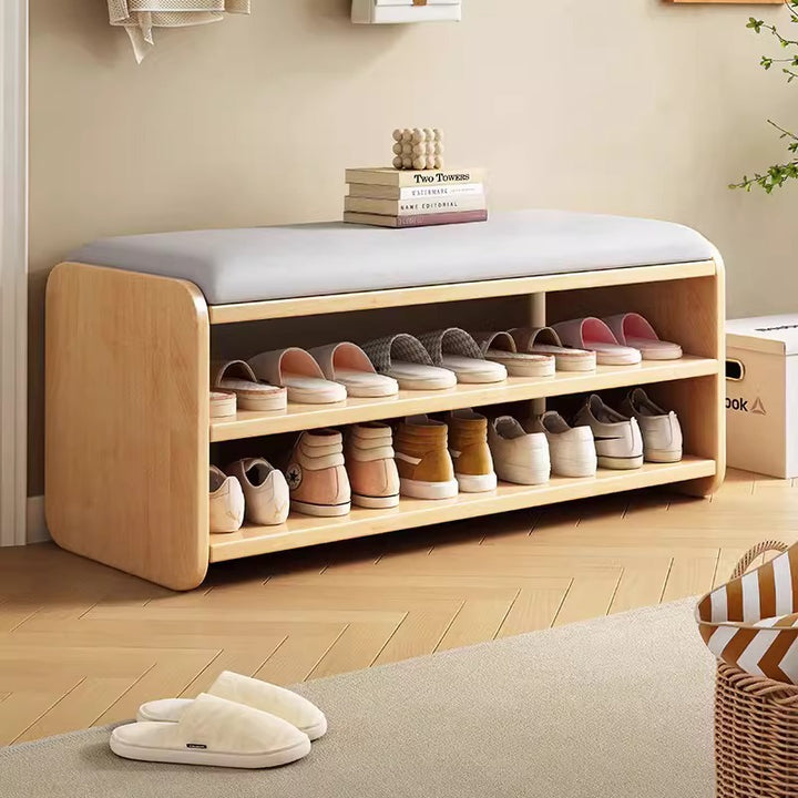 Modern Minimalist Wood Plywood Fabric Rounded Rectangular Shoe Bench 2-Tier For Living Room