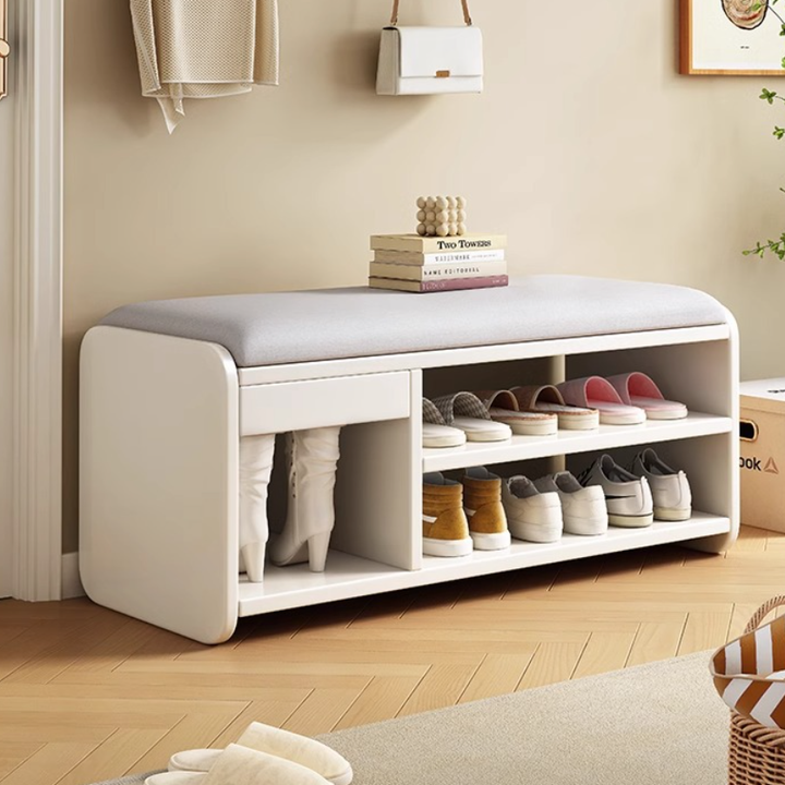 Modern Minimalist Wood Plywood Fabric Rounded Rectangular Shoe Bench 2-Tier For Living Room