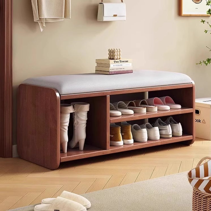 Modern Minimalist Wood Plywood Fabric Rounded Rectangular Shoe Bench 2-Tier For Living Room