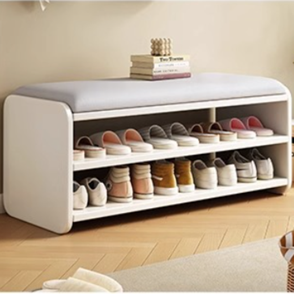 Modern Minimalist Wood Plywood Fabric Rounded Rectangular Shoe Bench 2-Tier For Living Room
