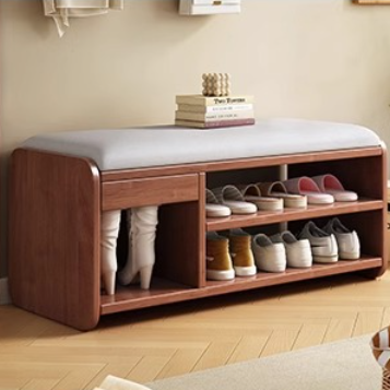 Modern Minimalist Wood Plywood Fabric Rounded Rectangular Shoe Bench 2-Tier For Living Room
