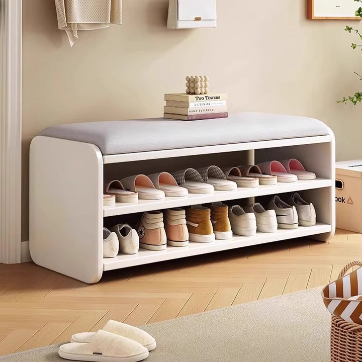Modern Minimalist Wood Plywood Fabric Rounded Rectangular Shoe Bench 2-Tier For Living Room