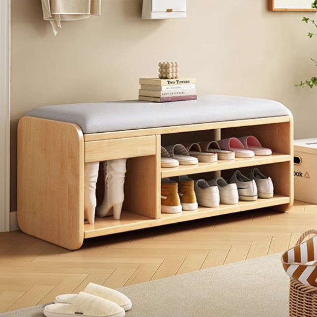 Modern Minimalist Wood Plywood Fabric Rounded Rectangular Shoe Bench 2-Tier For Living Room