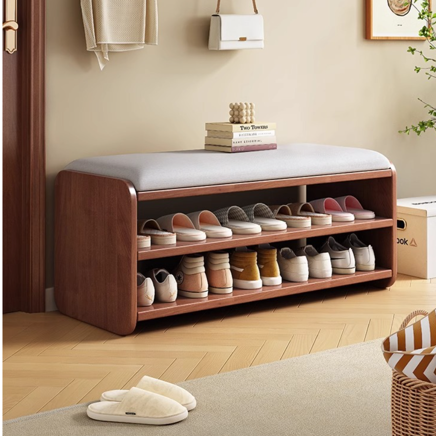 Modern Minimalist Wood Plywood Fabric Rounded Rectangular Shoe Bench 2-Tier For Living Room