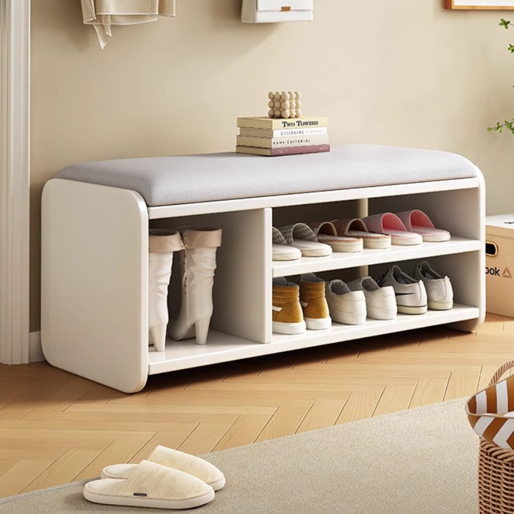 Modern Minimalist Wood Plywood Fabric Rounded Rectangular Shoe Bench 2-Tier For Living Room