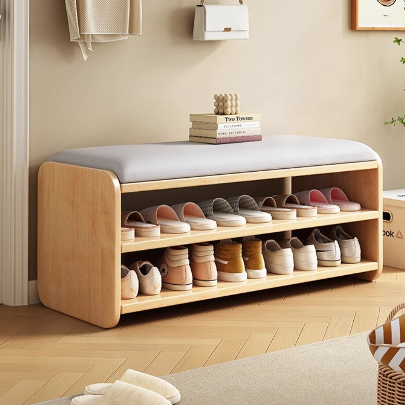 Modern Minimalist Wood Plywood Fabric Rounded Rectangular Shoe Bench 2-Tier For Living Room