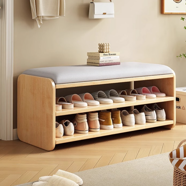 Modern Minimalist Wood Plywood Fabric Rounded Rectangular Shoe Bench 2-Tier For Living Room