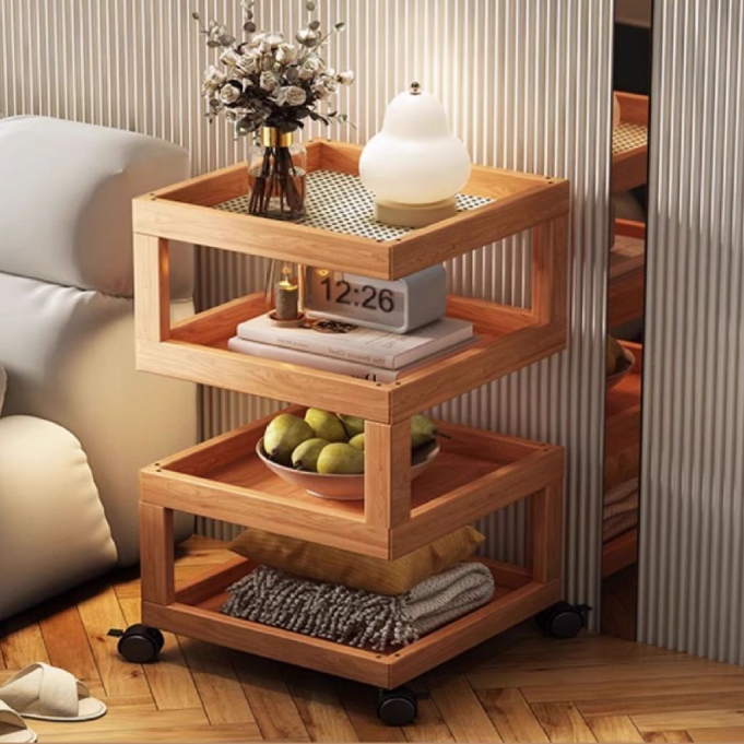 Zeitgenössischer kreativer Bambus-Glas-Gewebter Harz-Rattan-Beweglicher quadratischer Beistelltisch mit 3/4 Ebenen für das Wohnzimmer 