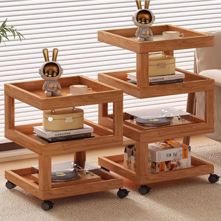 Zeitgenössischer kreativer Bambus-Glas-Gewebter Harz-Rattan-Beweglicher quadratischer Beistelltisch mit 3/4 Ebenen für das Wohnzimmer 