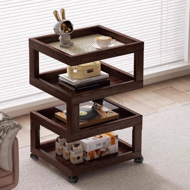 Zeitgenössischer kreativer Bambus-Glas-Gewebter Harz-Rattan-Beweglicher quadratischer Beistelltisch mit 3/4 Ebenen für das Wohnzimmer 