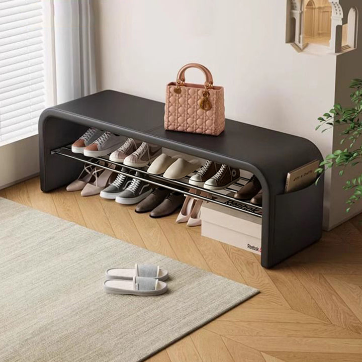 Banc à chaussures carré incurvé en métal et cuir PU scandinave contemporain, 1 niveau, pour salon 