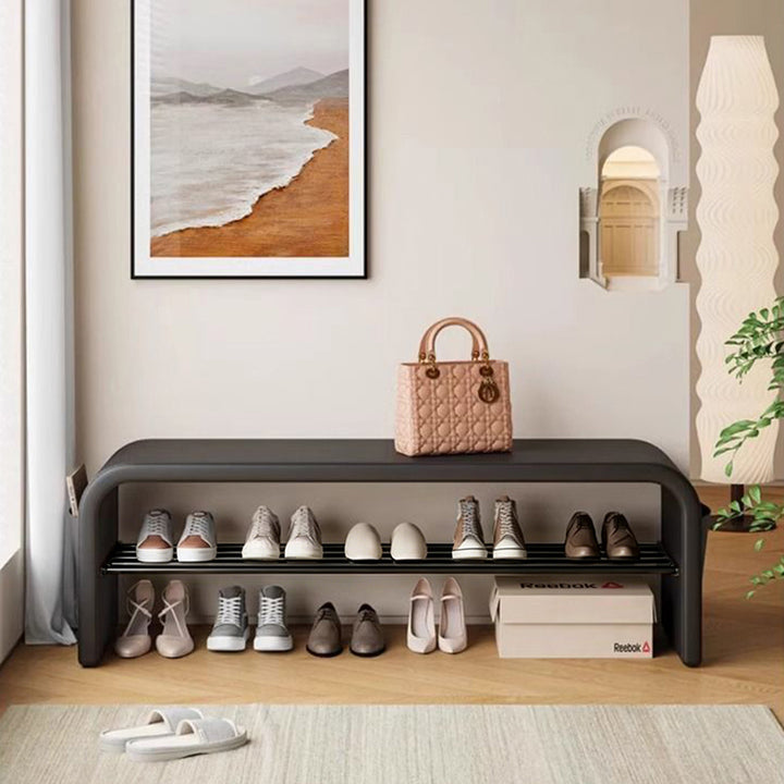 Banc à chaussures carré incurvé en métal et cuir PU scandinave contemporain, 1 niveau, pour salon 