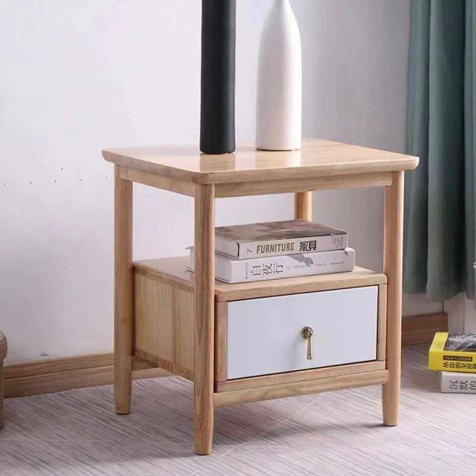 Traditional Chinese Solid Wood Plywood Cylindrical Square Nightstand With 1 Drawer For Bedroom