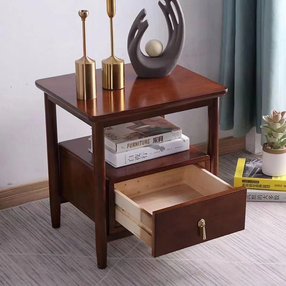 Traditional Chinese Solid Wood Plywood Cylindrical Square Nightstand With 1 Drawer For Bedroom