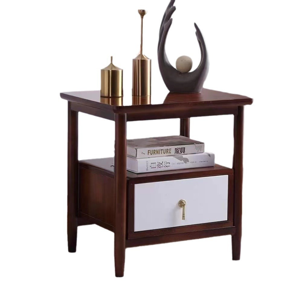 Traditional Chinese Solid Wood Plywood Cylindrical Square Nightstand With 1 Drawer For Bedroom